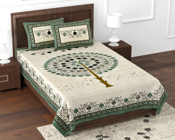 Green_Cotton_Prosperity_Tree_Double_Bedsheet_With_Pillow_Cover_70X100_Cm